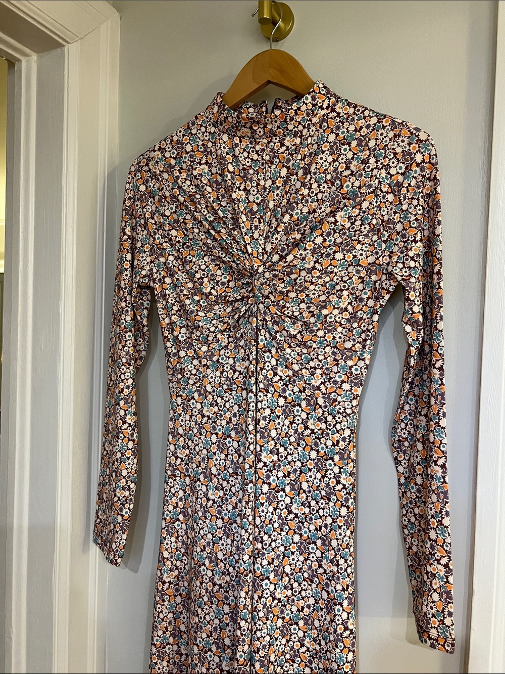 Sea New York Long Sleeve Floral Twist-Front Dress in Brown, Cream, Orange, Blue